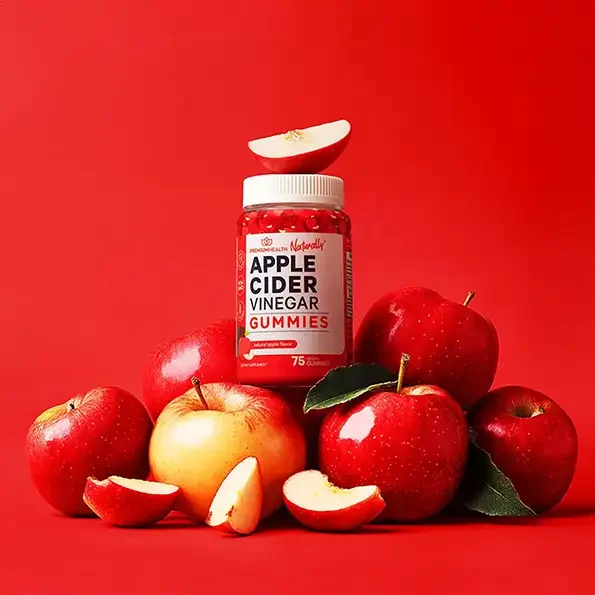 Apple cider supplement image with apples on red background