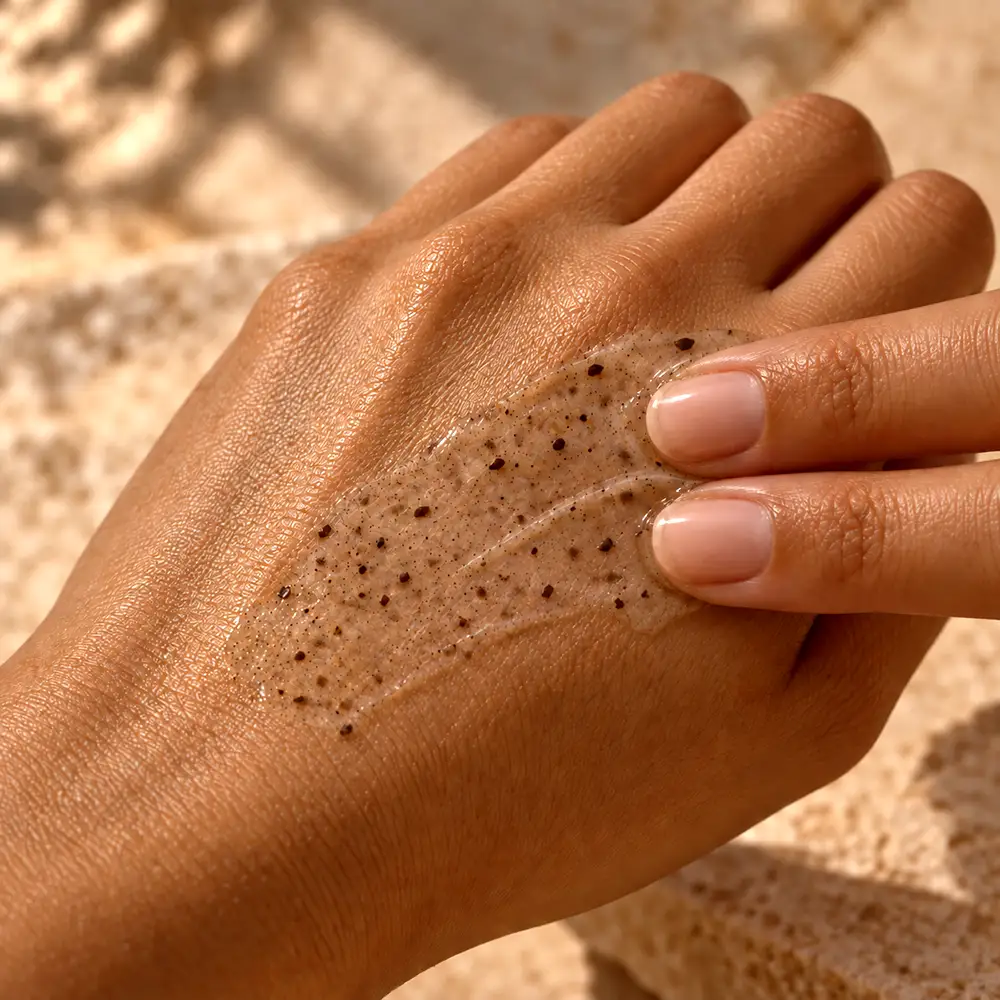 Two fingertips spreading speckled exfoliating jelly across the back of a hand