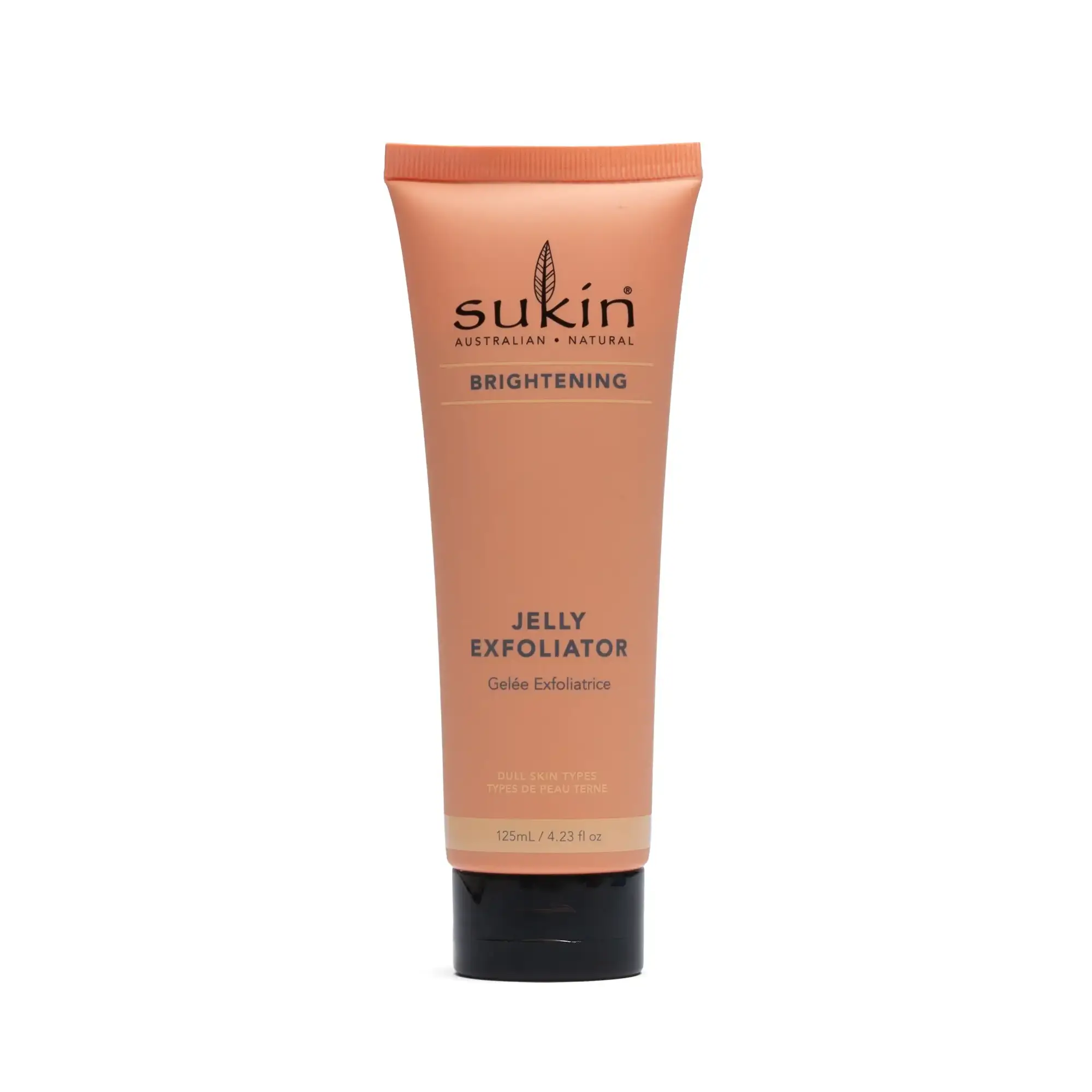 Front of Sukin Brightening Jelly Exfoliator peach tube on a white background