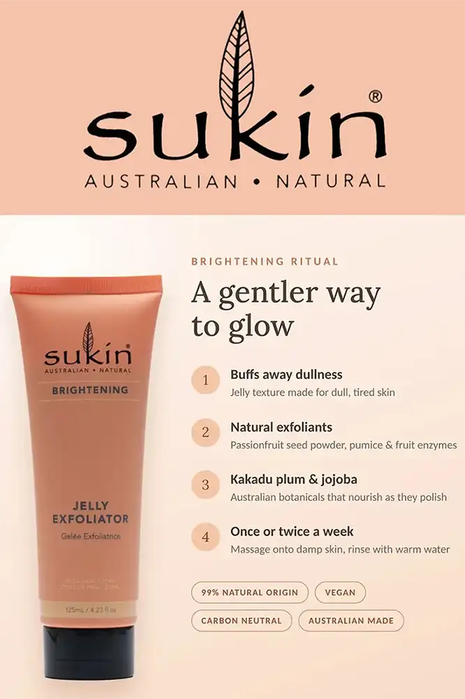 Pinterest pin featuring Sukin jelly exfoliator with benefits and usage information