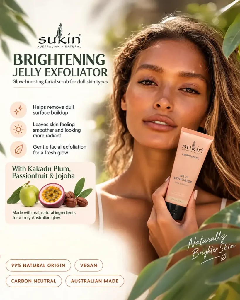 Instagram graphic with a woman holding Sukin jelly exfoliator beside benefits and ingredients