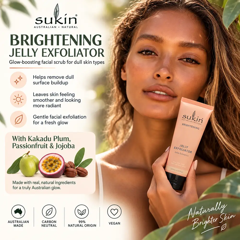 Skincare campaign graphic with a woman holding Sukin jelly exfoliator