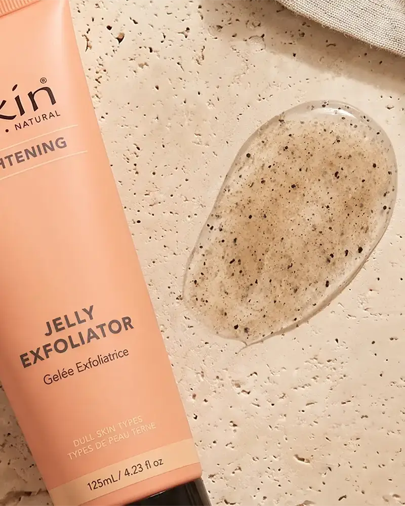 Instagram image of Sukin jelly exfoliator packaging beside a translucent speckled gel swatch